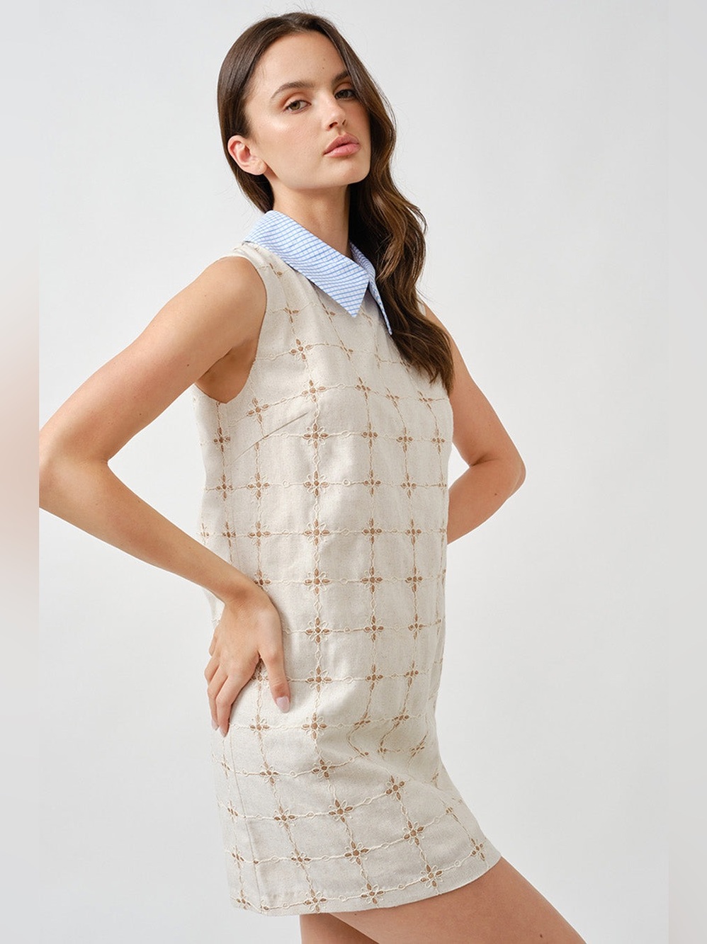 Sleeveless Ivory Eyelet Shift Dress with Blue Collar